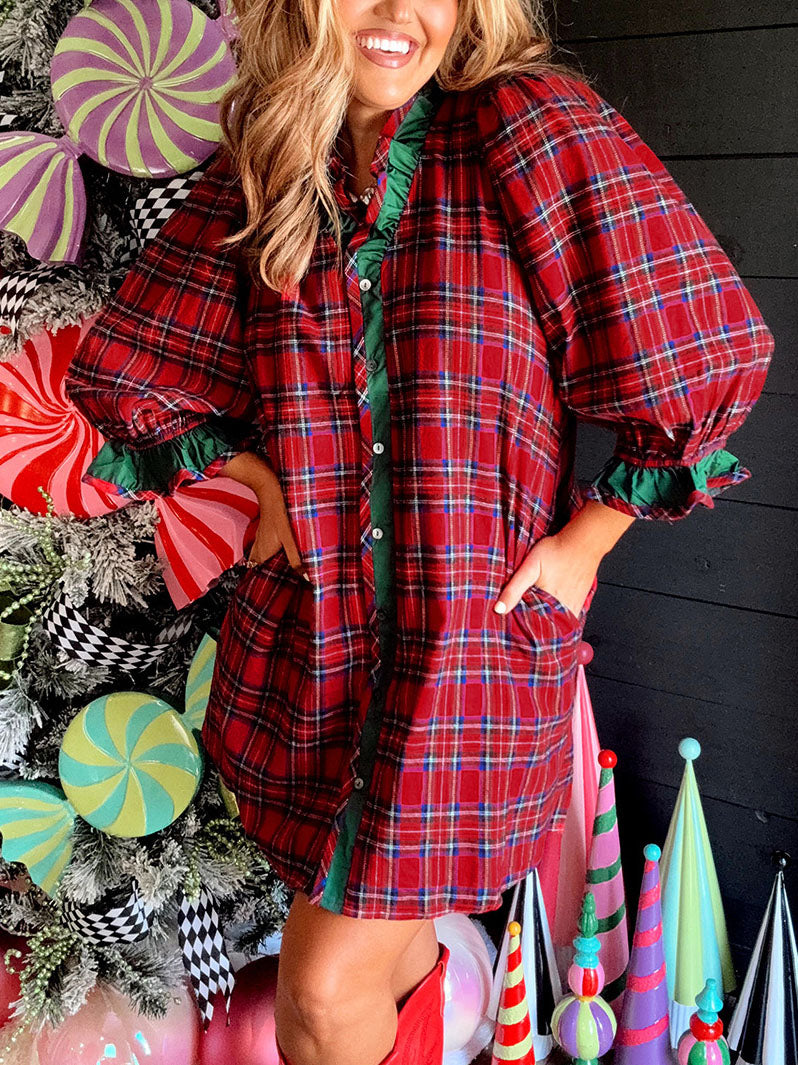 Red Plaid Ruffle Shirt Dress