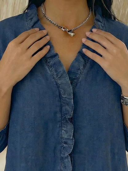 ✨Women's Casual Denim V-Neck Ruffled Shirt(BUY 2 FREE SHIPPING)