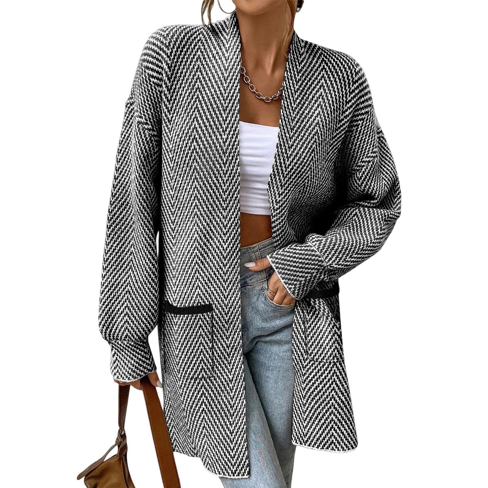 Women Herringbone Open Front Mid‑Length Knit Cardigan With Pockets