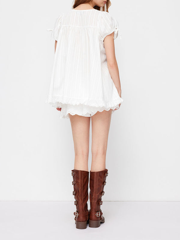 Women's casual square neck ruffle tie short-sleeved shirt（BUY 2 FREE SHIPPING)