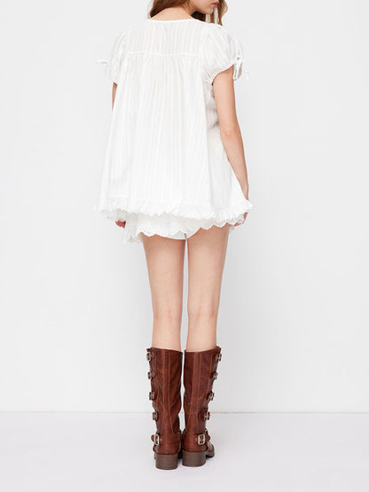 Women's casual square neck ruffle tie short-sleeved shirt（BUY 2 FREE SHIPPING)