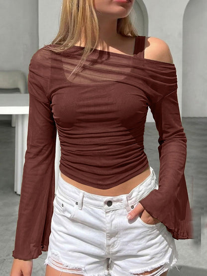 Ruched Sheer Mesh Off-Shoulder Top