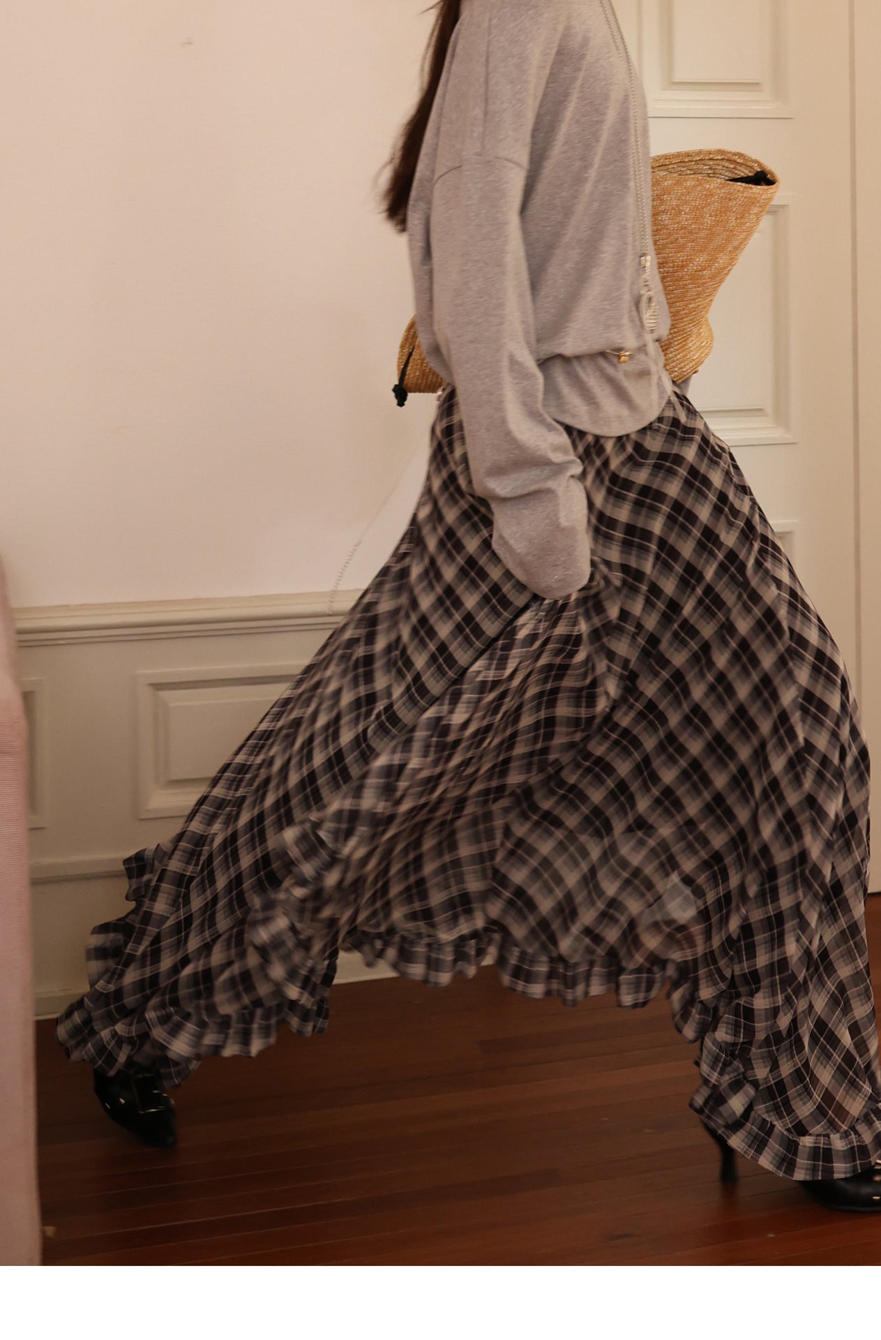 Retro two-tone plaid irregular ruffled hem midi chiffon skirt（BUY 2 FREE SHIPPING)