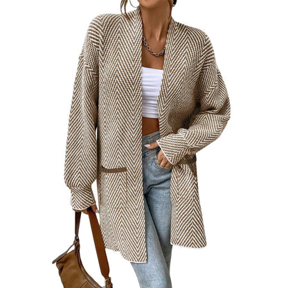 Women Herringbone Open Front Mid‑Length Knit Cardigan With Pockets