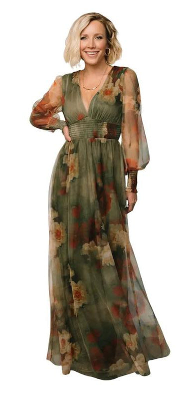 Vintage Floral V-Neck Maxi Dress