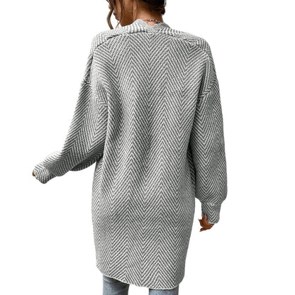 Women Herringbone Open Front Mid‑Length Knit Cardigan With Pockets