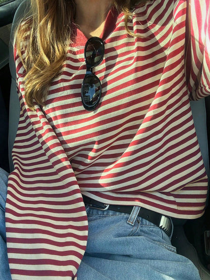 Women's Striped Oversized Crew Neck Long Sleeve Top