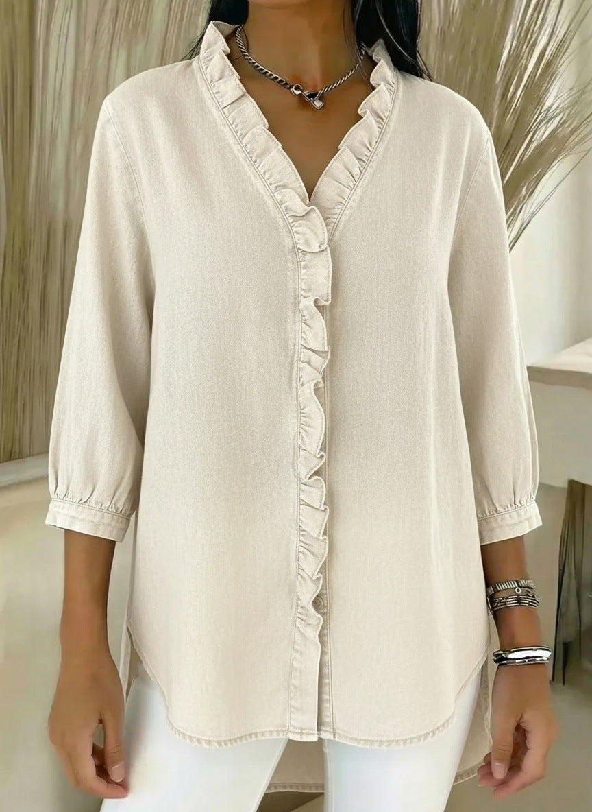 ✨Women's Casual Denim V-Neck Ruffled Shirt(BUY 2 FREE SHIPPING)