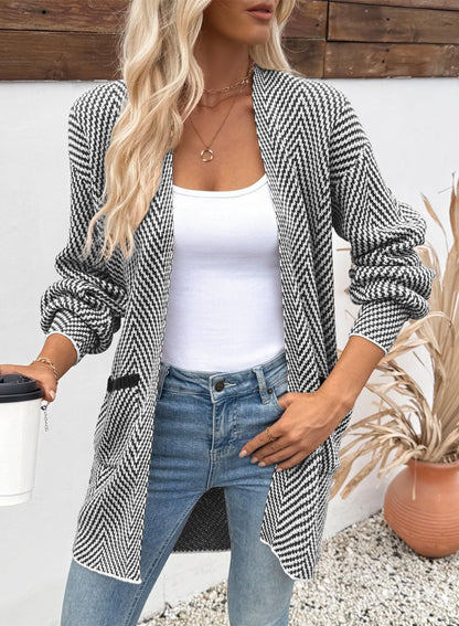 Women Herringbone Open Front Mid‑Length Knit Cardigan With Pockets