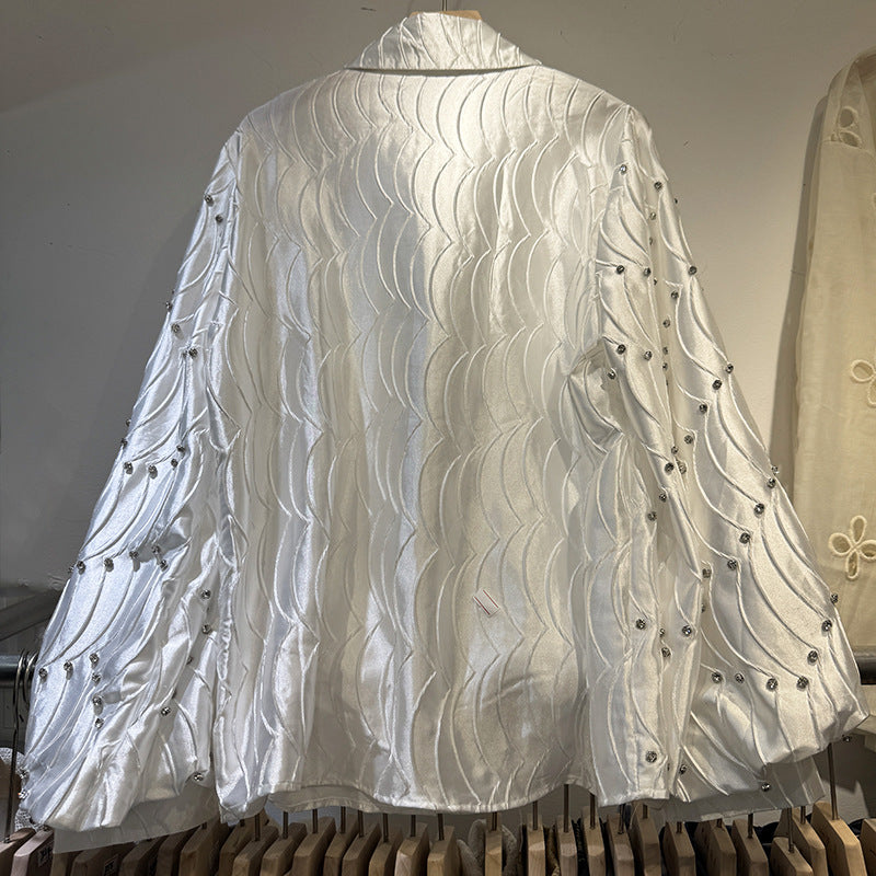 Silk satin textured water ripple pleated loose-fitting rhinestone long-sleeved shirt（BUY 2 FREE SHIPPING)