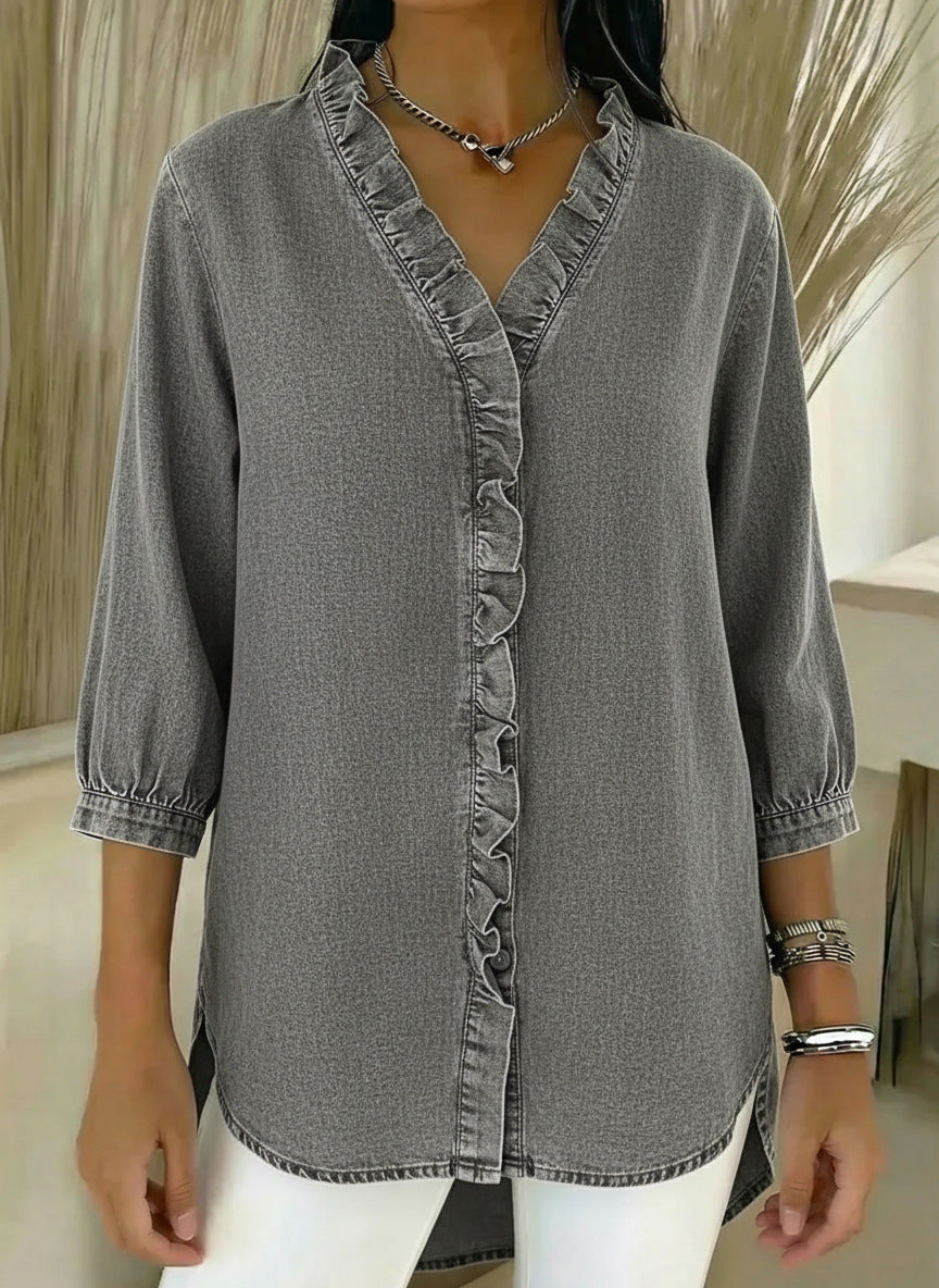 ✨Women's Casual Denim V-Neck Ruffled Shirt(BUY 2 FREE SHIPPING)
