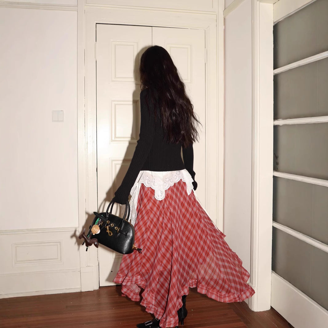 Retro two-tone plaid irregular ruffled hem midi chiffon skirt（BUY 2 FREE SHIPPING)