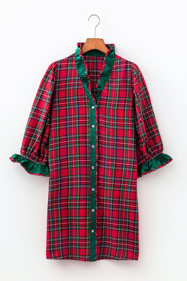 Red Plaid Ruffle Shirt Dress