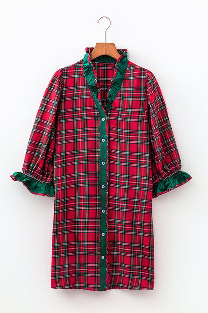 Red Plaid Ruffle Shirt Dress