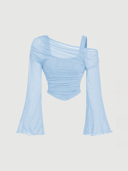 Ruched Sheer Mesh Off-Shoulder Top