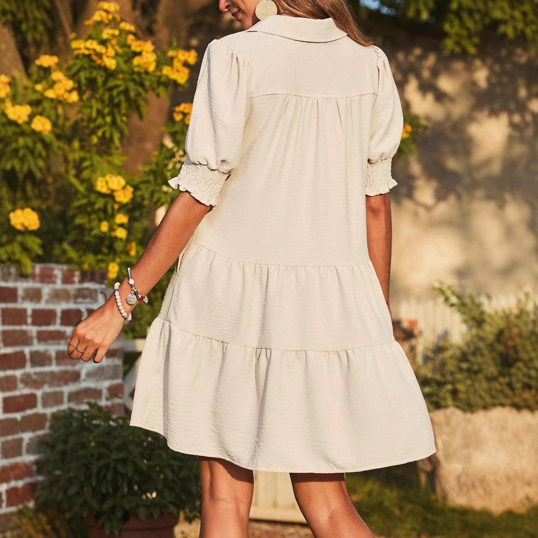 Women's Layered V-Neck Dress with Lapels and Puff Sleeves（BUY 2 FREE SHIPPING)