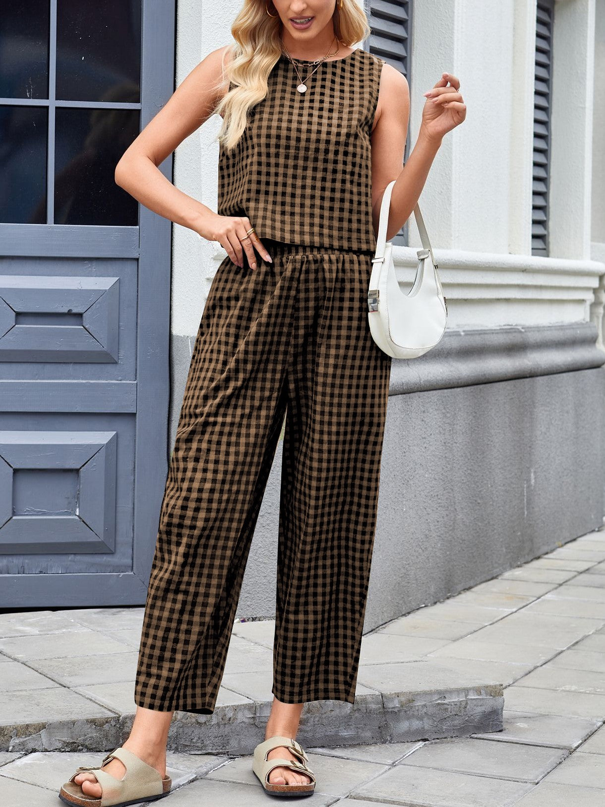 HOT SALE Women's Gingham Sleeveless Tank Top & Barrel Pants Set