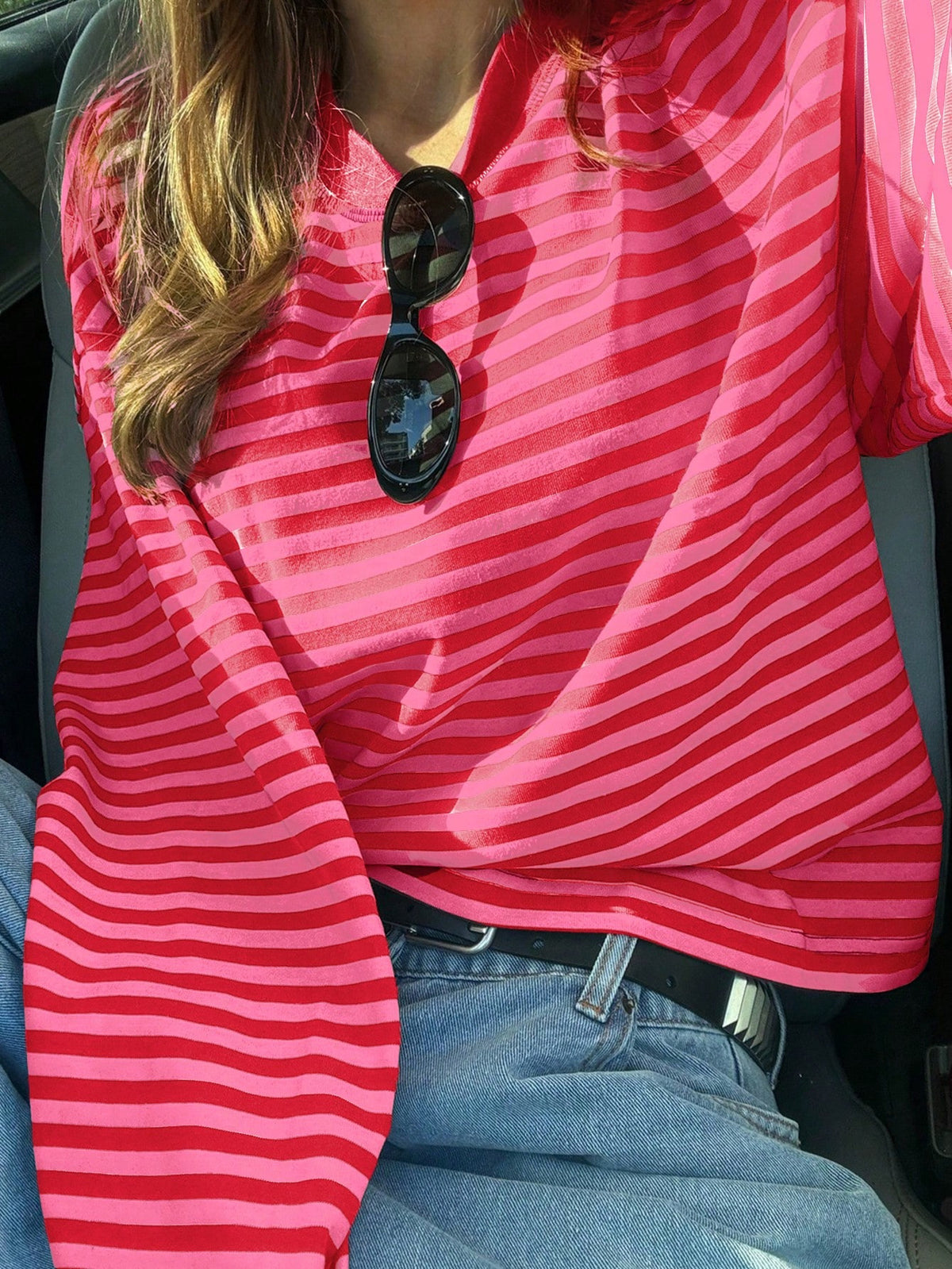 Women's Striped Oversized Crew Neck Long Sleeve Top
