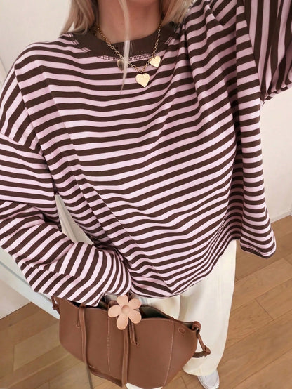 Women's Striped Oversized Crew Neck Long Sleeve Top