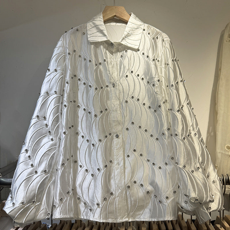 Silk satin textured water ripple pleated loose-fitting rhinestone long-sleeved shirt（BUY 2 FREE SHIPPING)
