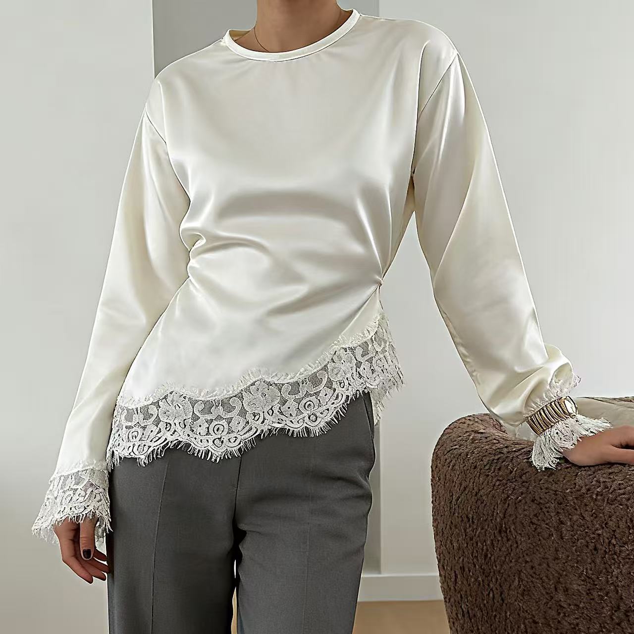 2026 New Round Neck Solid Color Long Sleeve Irregular Lace Hem Fitted Waist Top
