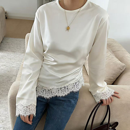 2026 New Round Neck Solid Color Long Sleeve Irregular Lace Hem Fitted Waist Top