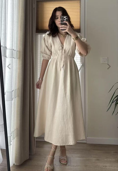 Solid color V-neck puff sleeve short-sleeved slimming A-line dress（BUY 2 FREE SHIPPING)