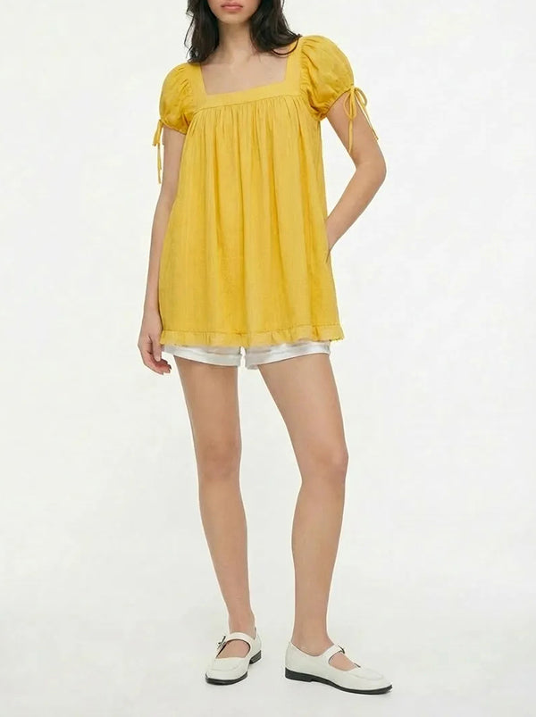 Women's casual square neck ruffle tie short-sleeved shirt（BUY 2 FREE SHIPPING)