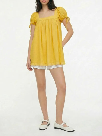 Women's casual square neck ruffle tie short-sleeved shirt（BUY 2 FREE SHIPPING)