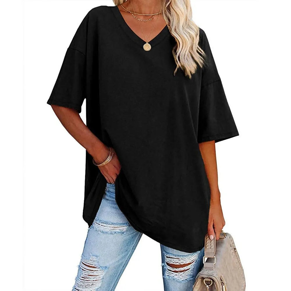 WOMENS LOOSE FASHION V-NECK TOP SHORT & LONG OPTION