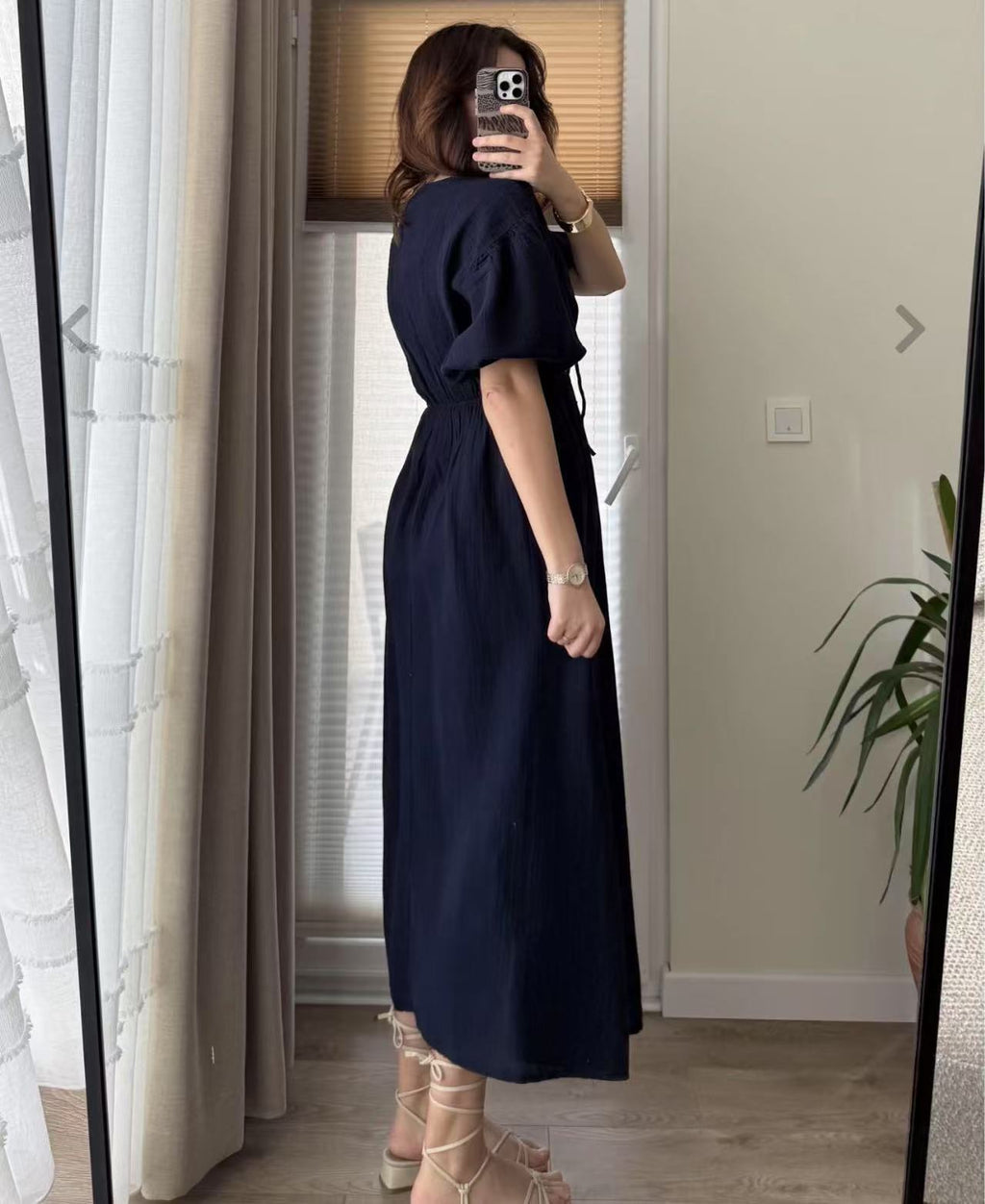 Solid color V-neck puff sleeve short-sleeved slimming A-line dress（BUY 2 FREE SHIPPING)