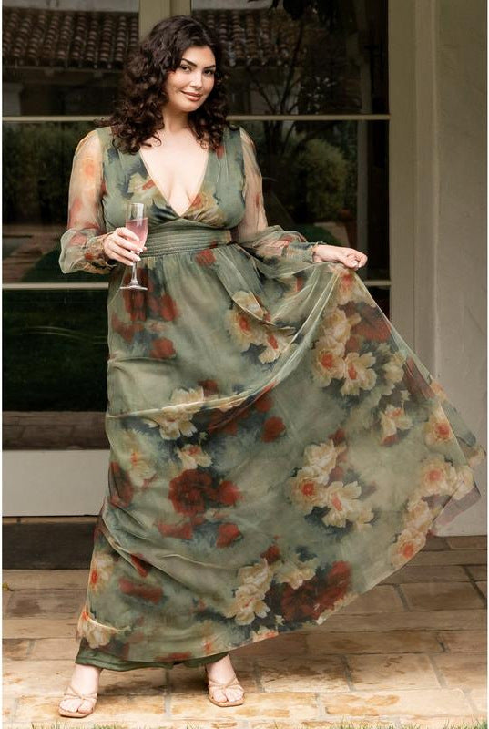 Vintage Floral V-Neck Maxi Dress