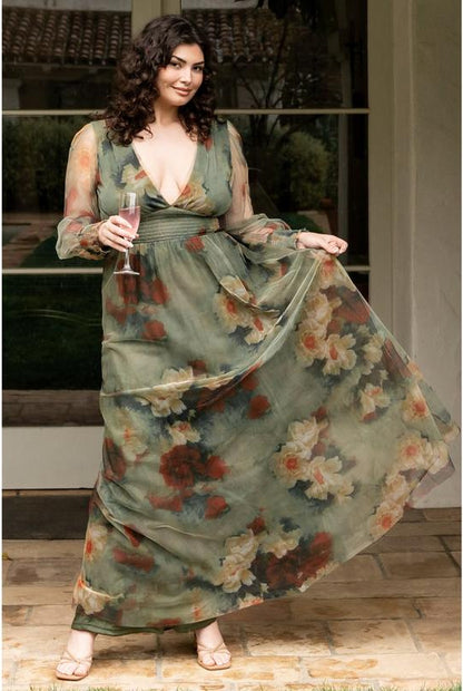 Vintage Floral V-Neck Maxi Dress