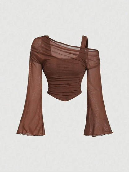 Ruched Sheer Mesh Off-Shoulder Top