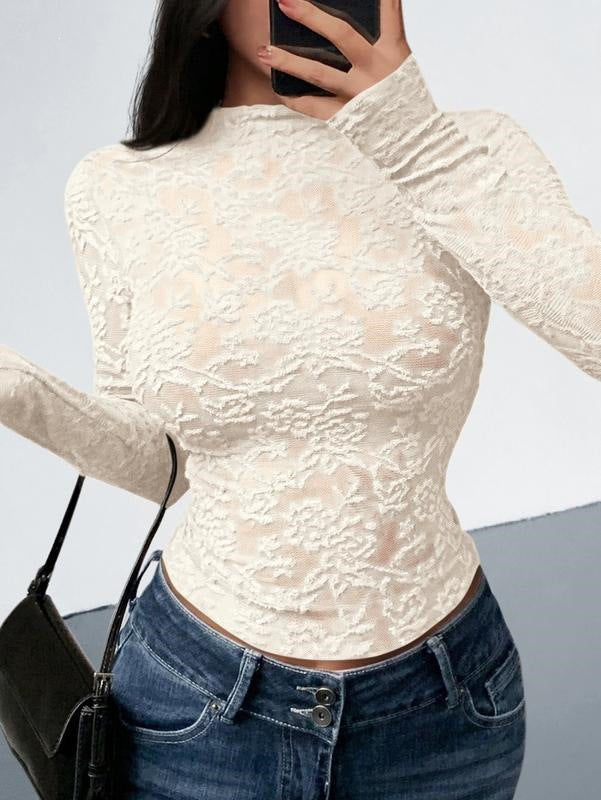 Textured Lace Mesh Long Sleeve Top