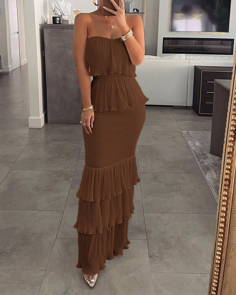 Pleated Ruffle Maxi Dress