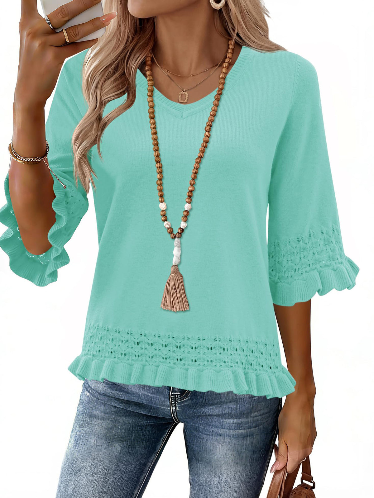 Feminine V-Neck Knit Blouse, Lightweight Ruffle 3/4 Sleeve Casual Top
