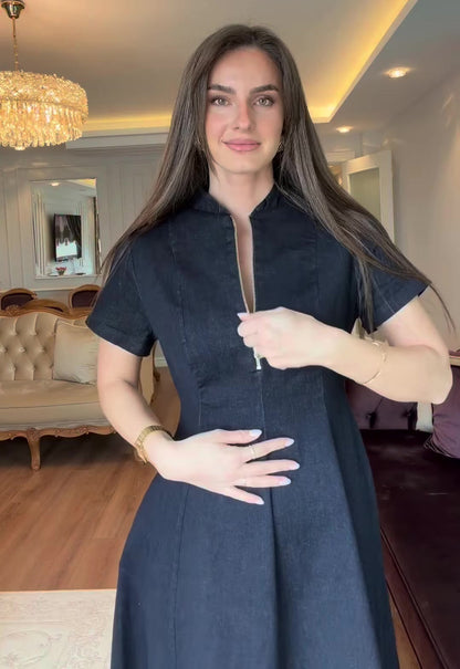 2026 New Style Half-Open Neck Short-Sleeve Slim Waist Full Skirt Dress