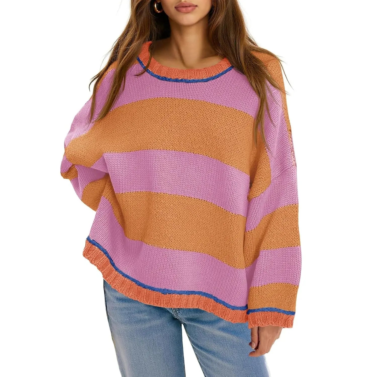 Oversized Round Neck Color Block Stripe Knit Sweater