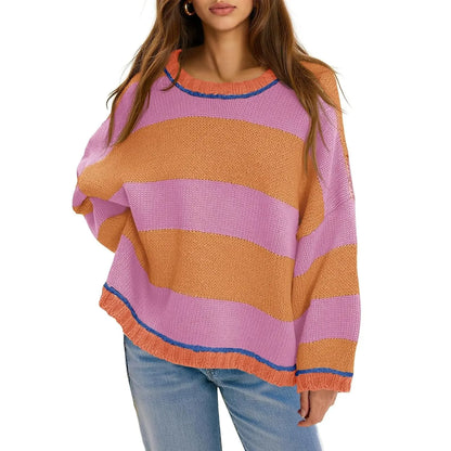Oversized Round Neck Color Block Stripe Knit Sweater