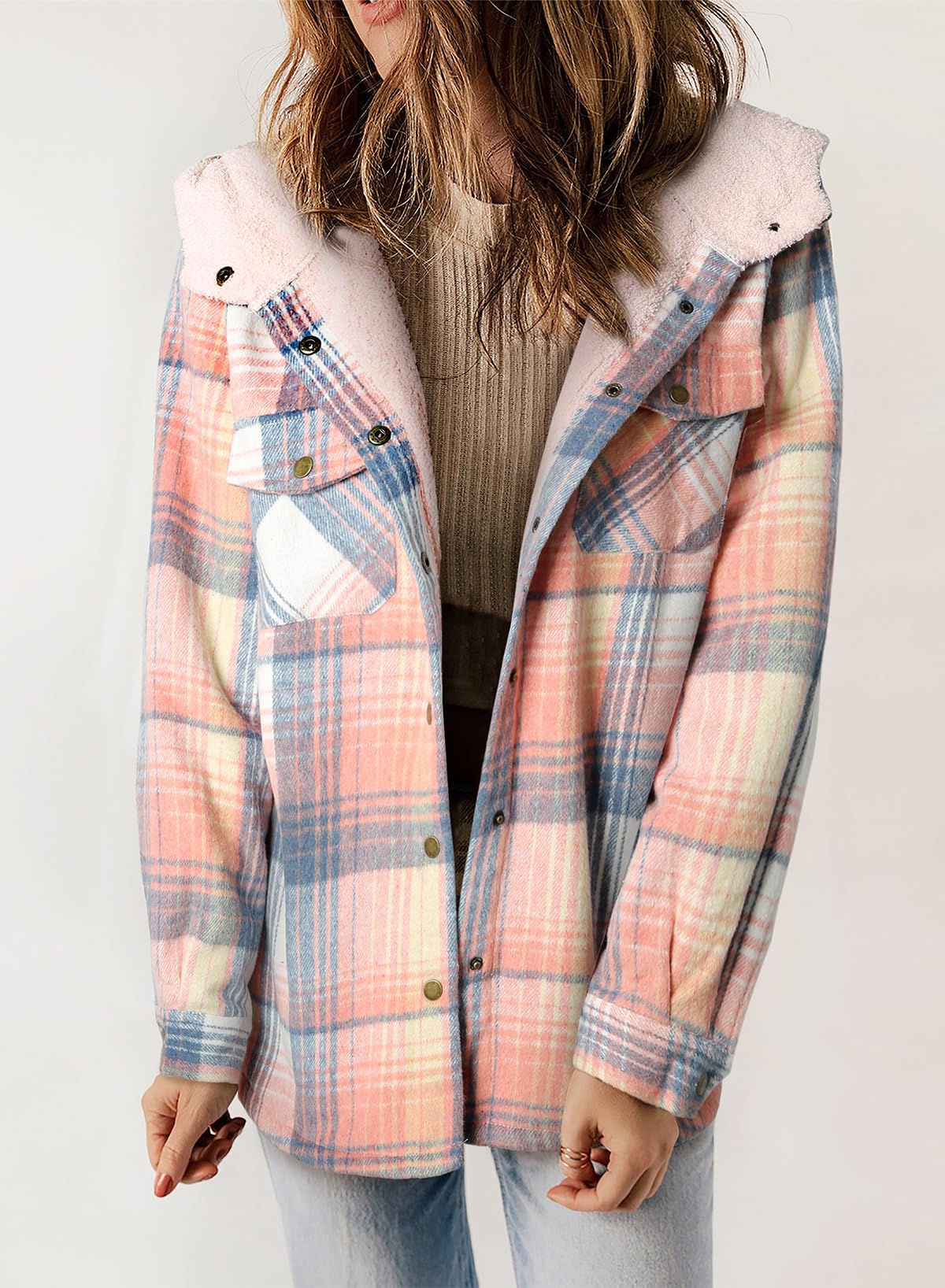 ⏰Hot Sale-Women's Thickened Flannel Long Sleeve Plaid Jacket Coat with Hood