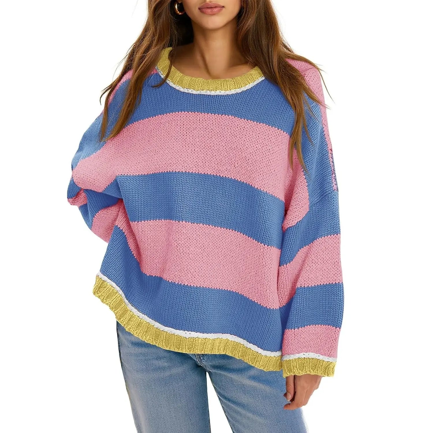 Oversized Round Neck Color Block Stripe Knit Sweater