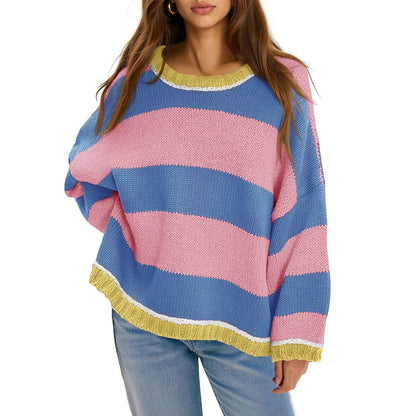 Oversized Round Neck Color Block Stripe Knit Sweater