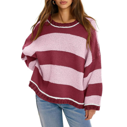 Oversized Round Neck Color Block Stripe Knit Sweater