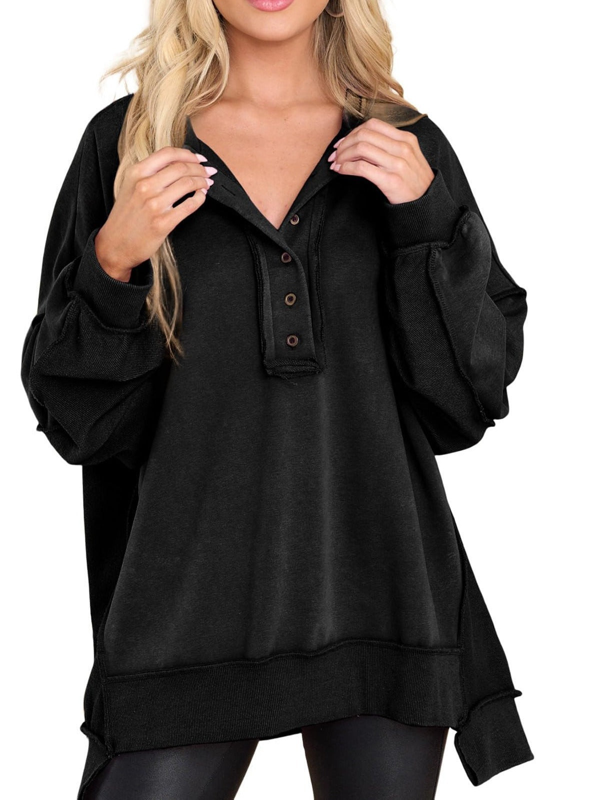 Women's Oversized Casual Buttoned Henley Sweatshirt (Buy 2 Free Shipping)