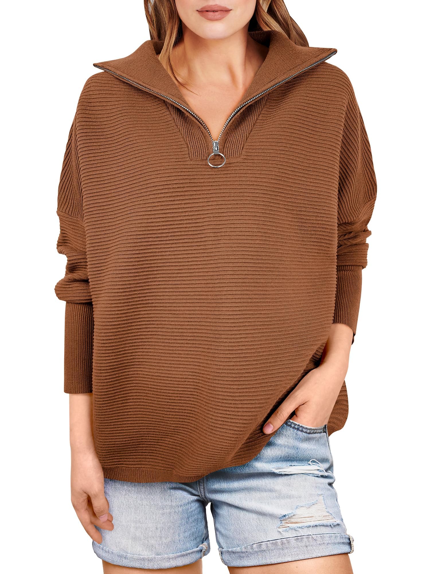 Women's Quarter Zip Rib Knit Cozy Pullover Sweaters  (Buy 2 Free Shipping)