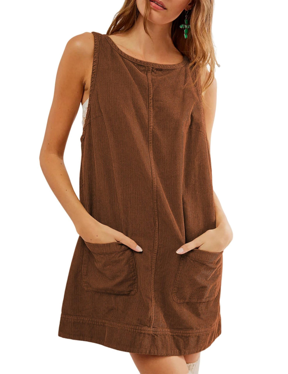 Hot Sale-Women's Round Neck Corduroy Overall Dress