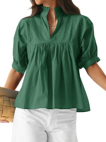 Women's Puff Sleeve V Neck Casual Pleated Tops