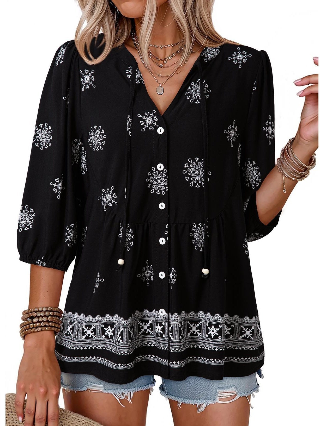 ⏰Hot Sale-Women's Boho Floral V-Neck Button-Down Peplum Blouse