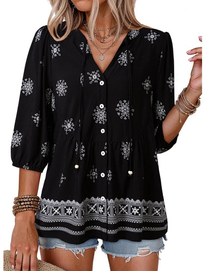 ⏰Hot Sale-Women's Boho Floral V-Neck Button-Down Peplum Blouse